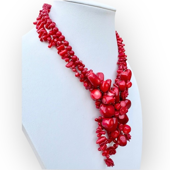 Carved Red Coral Flower Garland Collar 3-Strand Necklace - Picture 7 of 11